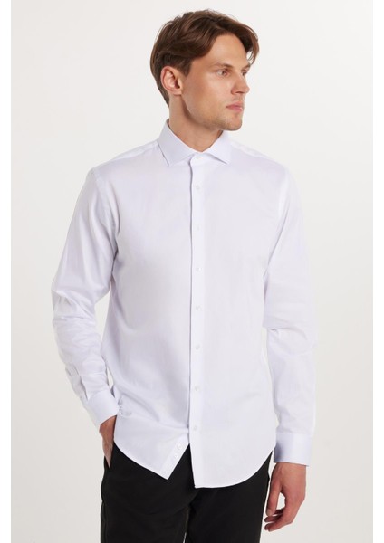 Erkek Slim Fit Dar Kesim %100 Pamuk Koton Saten Premium Seri Beyaz Gömlek