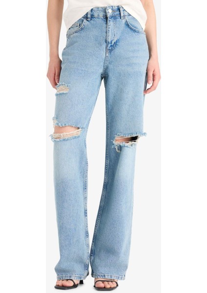 Straight Wide Yırtık Detaylı Yüksek Bel Uzun Jean Yıkamalı Pantolon E8016AX25SM