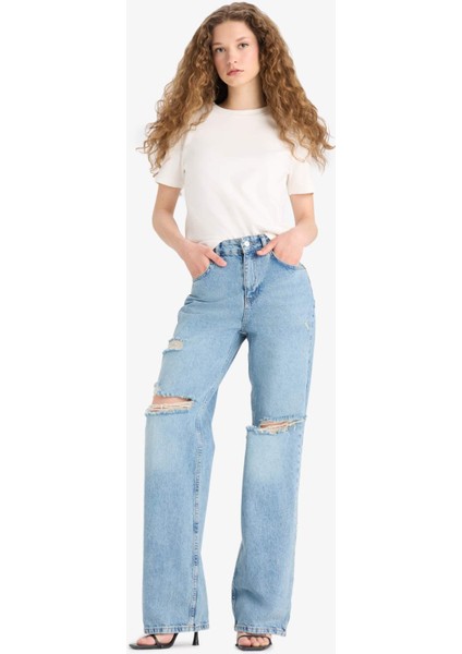 Straight Wide Yırtık Detaylı Yüksek Bel Uzun Jean Yıkamalı Pantolon E8016AX25SM