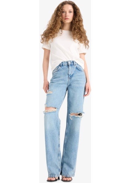 Straight Wide Yırtık Detaylı Yüksek Bel Uzun Jean Yıkamalı Pantolon E8016AX25SM