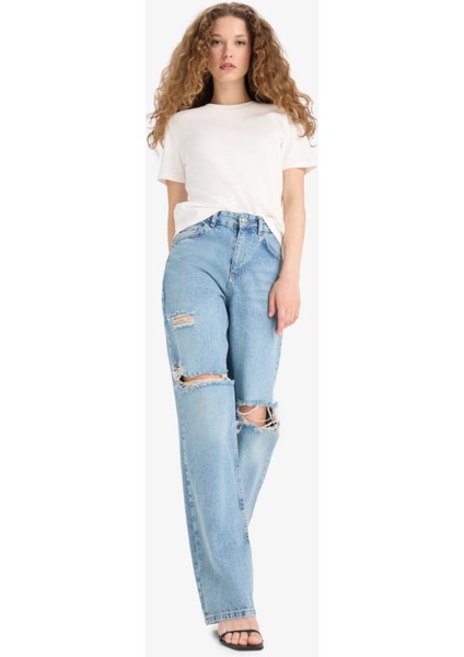 Straight Wide Yırtık Detaylı Yüksek Bel Uzun Jean Yıkamalı Pantolon E8016AX25SM