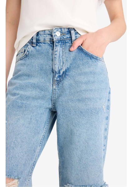 Straight Wide Yırtık Detaylı Yüksek Bel Uzun Jean Yıkamalı Pantolon E8016AX25SM