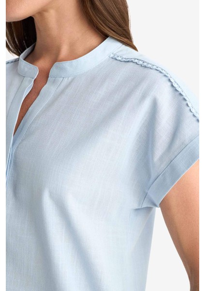Regular Fit Apaş Yaka Flamlı Pamuk Kısa Kollu Bluz F1635AX25SM