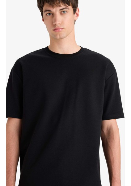 Oversize Geniş Kalıp Bisiklet Yaka Basic Düz Kısa Kollu Siyah Tişört E9798AX25SP