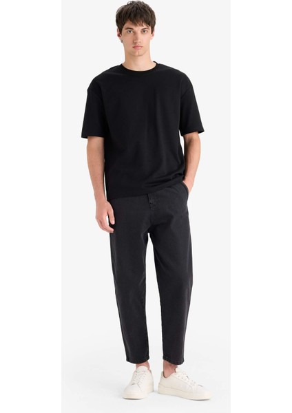 Oversize Geniş Kalıp Bisiklet Yaka Basic Düz Kısa Kollu Siyah Tişört E9798AX25SP fiyatları