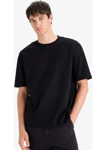 Oversize Geniş Kalıp Bisiklet Yaka Basic Düz Kısa Kollu Siyah Tişört E9798AX25SP modelleri