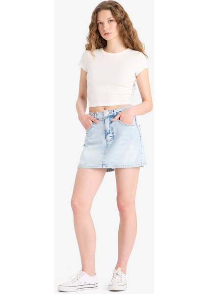 Yüksek Bel Yıkamalı Cepli Jean Şort Etek E0566AX25SM