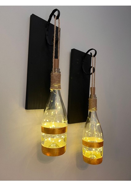 Tıpa Peri LED Işıklı Siyah Ahşap Cam Şampanya Şişesi Duvar Aplik 2'li Set