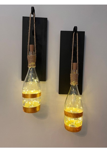 Tıpa Peri LED Işıklı Siyah Ahşap Cam Şampanya Şişesi Duvar Aplik 2'li Set