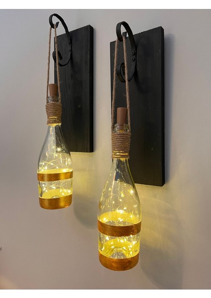 Tıpa Peri LED Işıklı Siyah Ahşap Cam Şampanya Şişesi Duvar Aplik 2'li Set