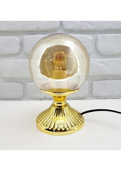 Modern Dekoratif Lake Gold Metal Ayaklı Bal Camlı Şapkalı Abajur Masa Lambası