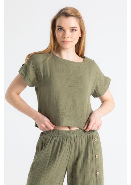 Kısa Kol İzel Yazlık Müslin Bluz Haki Hk