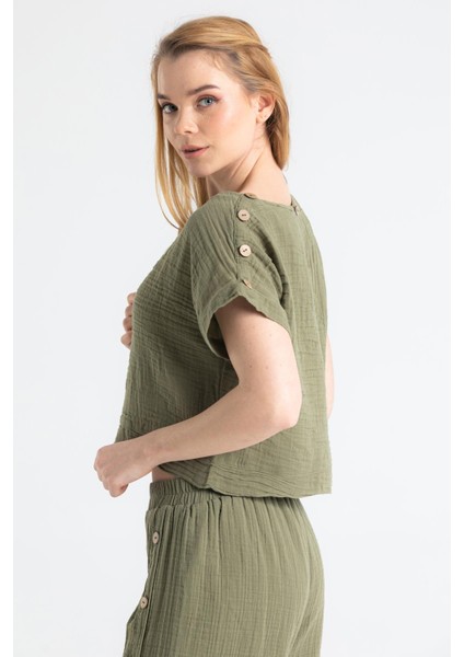 Kısa Kol İzel Yazlık Müslin Bluz Haki Hk modelleri