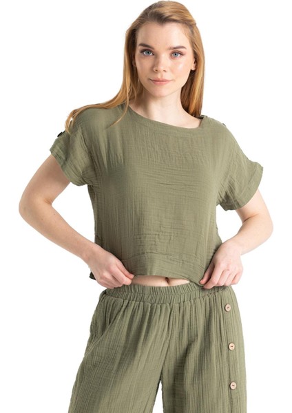 Kısa Kol İzel Yazlık Müslin Bluz Haki Hk indirimleri