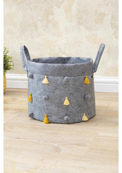 Yuvarlak keçe düzenleyici, ponponlu, 20x24cm, maxi boy, gri renk