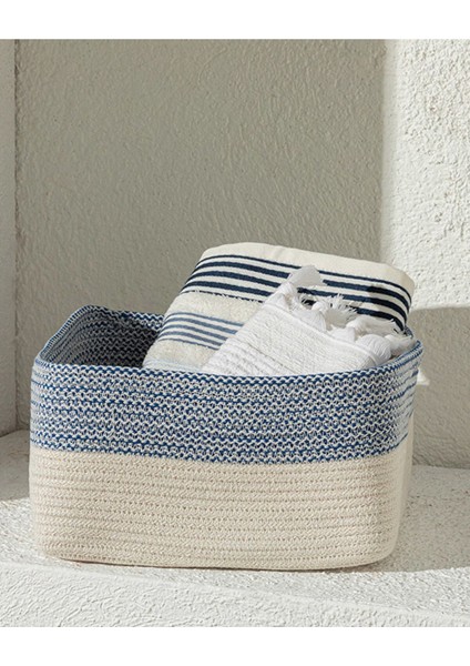 Mavi Beyaz Pamuklu Marina Örgü Sepet, Pratik ve Şık Saklama Çözümü