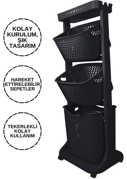 Kat Kat Sepet Organizeri, Tekerlekli, Taşınabilir, 4 Parça, Gri, Plastik modelleri