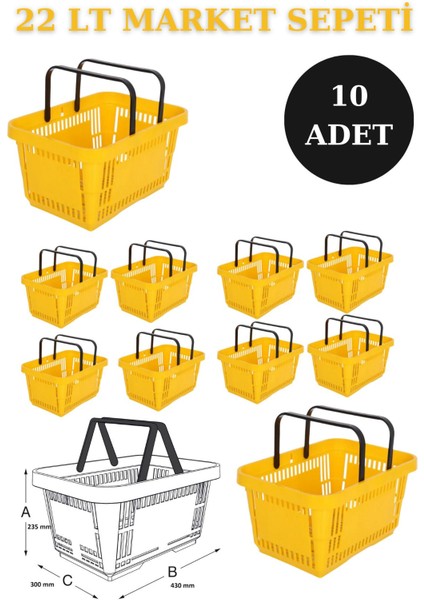 Sarı 22 Litre 10'lu Hafif ve Pratik Alışveriş Sepeti Seti