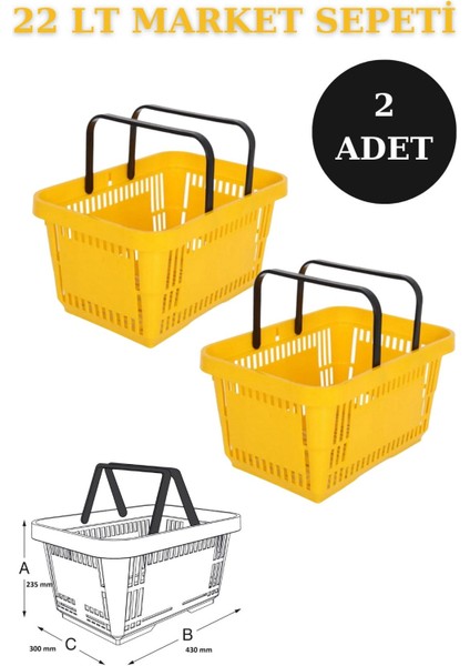 2 adet sarı 22 litrelik alışveriş sepeti seti, pratik ve kullanışlı, hafif ve dayanıklı