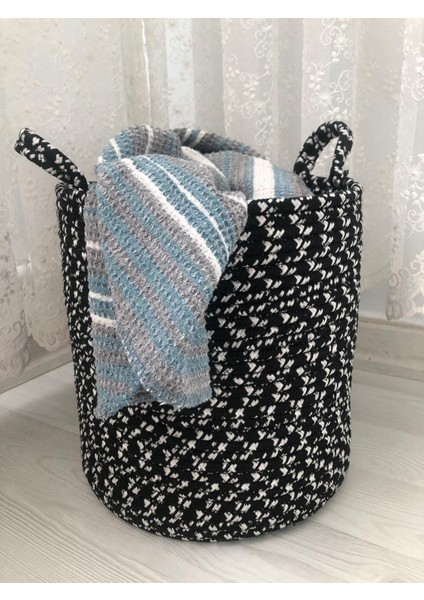 Çok amaçlı hasır sepet, oyuncak ve saksılık düzenleyici, siyah beyaz, 25x25