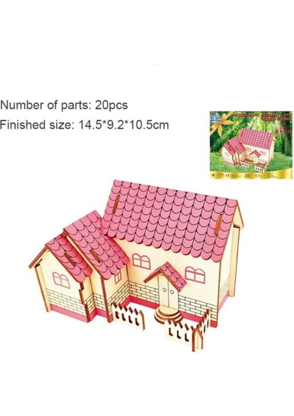 3D Ahşap Maket Ev Pembe Çatılı Maket 3 Renkli Villa Maket Evi