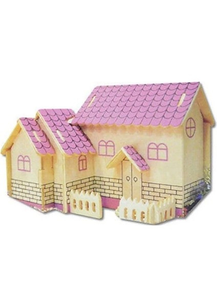 3D Ahşap Maket Ev Pembe Çatılı Maket 3 Renkli Villa Maket Evi