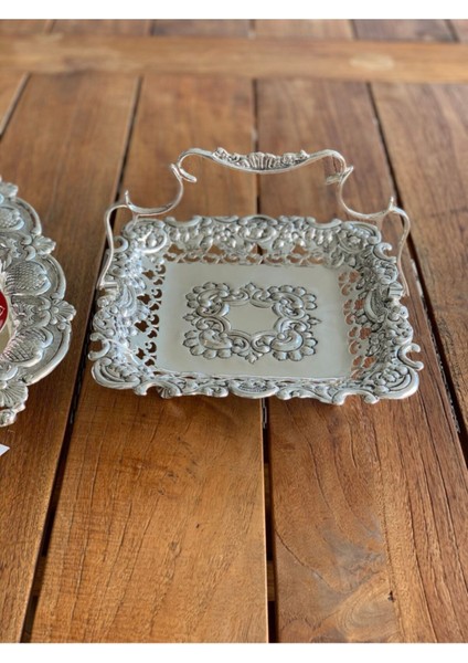 Beyaz Gümüş Kaplama 25x25cm Kulplu Şık Ev Dekor Sepeti modelleri