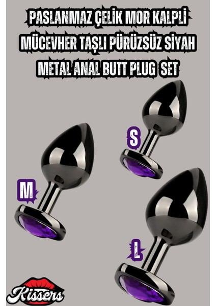 Paslanmaz Çelik Mor Kalpli Mücevher Taşlı Pürüzsüz Siyah Metal Anal Butt Plug Set 3'lü