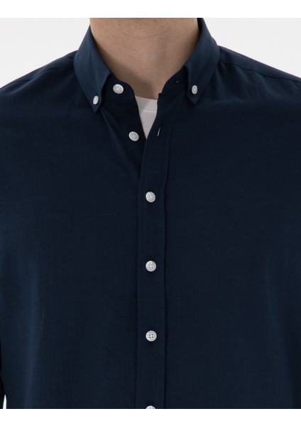 Erkek Lacivert Slim Fit Keten Görünümlü Gömlek 50302710-VR033