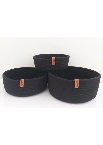 3'lü Hasır Sepet Takımı, Çok Amaçlı Dekoratif Organizer, Siyah, 22x12 cm