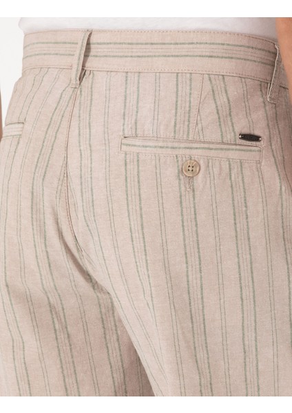 Erkek Haki Slim Fit Keten Karışımlı Çizgili Dokuma Şort 50301806-VR027
