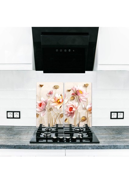 2'li Cam Ocak Koruyucu, Ballı Çiçekler Desenli, 30x52 Cm, Sarı Renk