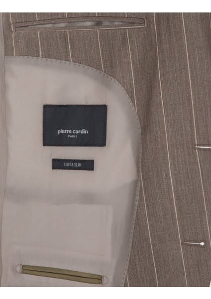 Erkek Açık Kahverengi Ex. Slim Fit Yün Keten Karışımlı Çizgili Takım Elbise 50303824-VR002