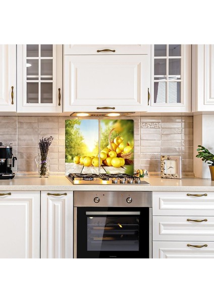 2'li 40x52 cm Cam Ocak Koruyucu Limon Desenli Sarı Renkli Set