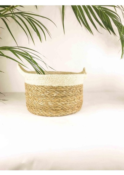 Krem Şeritli Doğal Hasır Sepet, Minik Bitki Tasarımı, Orta Hacim, Kahverengi, 1 Parça