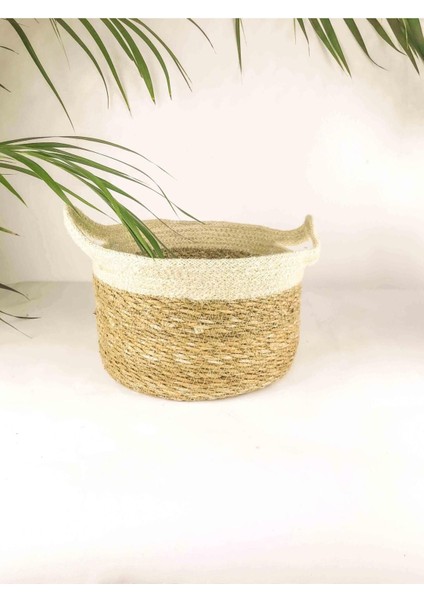 Krem Şeritli Doğal Hasır Sepet, Minik Bitki Tasarımı, Orta Hacim, Kahverengi, 1 Parça fiyatları