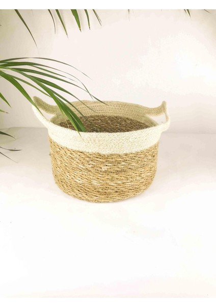 Krem Şeritli Doğal Hasır Sepet, Minik Bitki Tasarımı, Orta Hacim, Kahverengi, 1 Parça modelleri
