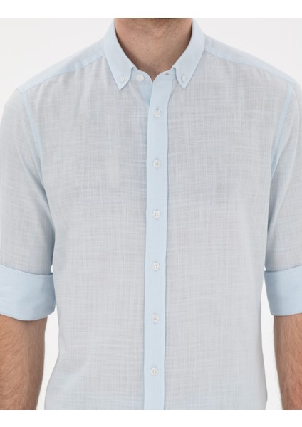 Erkek Açık Mavi Keten Görünümlü Slim Fit Uzun Kollu Gömlek 50302710-VR003