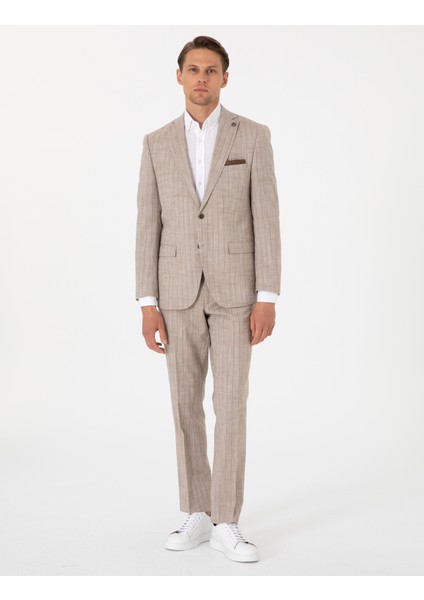 Erkek Açık Kahverengi Slim Fit Yün Keten Karışımlı Çizgili Takım Elbise 50302403-VR002