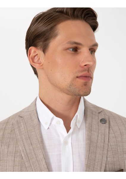 Erkek Açık Kahverengi Slim Fit Yün Keten Karışımlı Çizgili Takım Elbise 50302403-VR002