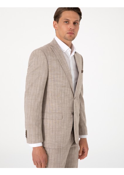 Erkek Açık Kahverengi Slim Fit Yün Keten Karışımlı Çizgili Takım Elbise 50302403-VR002