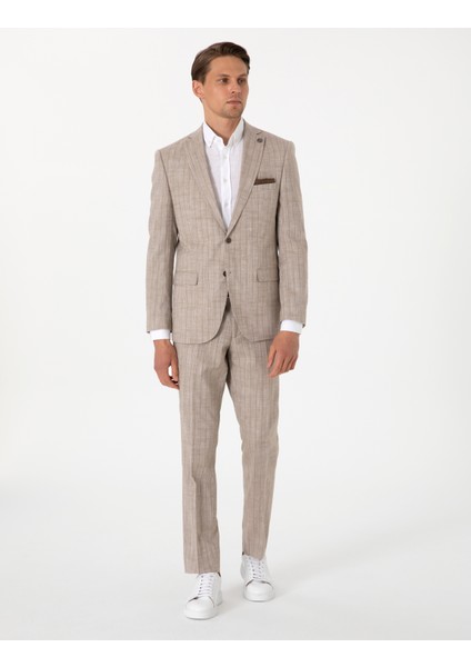 Erkek Açık Kahverengi Slim Fit Yün Keten Karışımlı Çizgili Takım Elbise 50302403-VR002