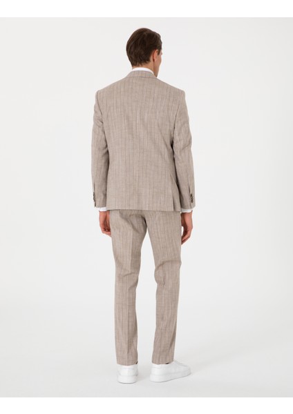 Erkek Açık Kahverengi Slim Fit Yün Keten Karışımlı Çizgili Takım Elbise 50302403-VR002
