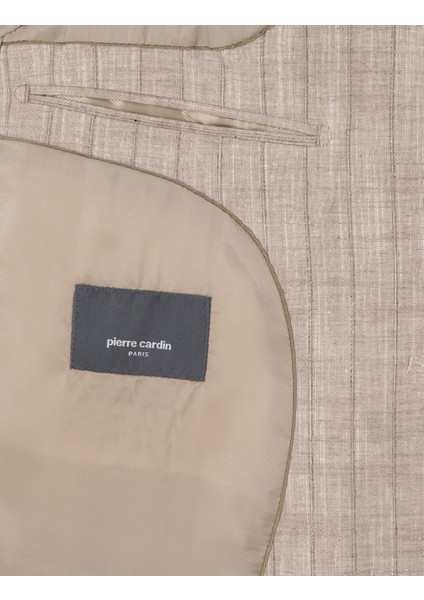 Erkek Açık Kahverengi Slim Fit Yün Keten Karışımlı Çizgili Takım Elbise 50302403-VR002