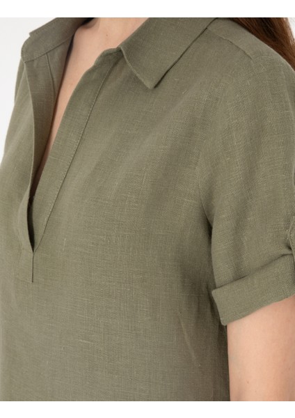 Kadın Haki Regular Fit Keten Kısa Dokuma Elbise 50309345-VR027