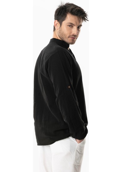 Uzun Kol Hakim Yaka Müslin Yazlık Sweatshirt Siyah Syh