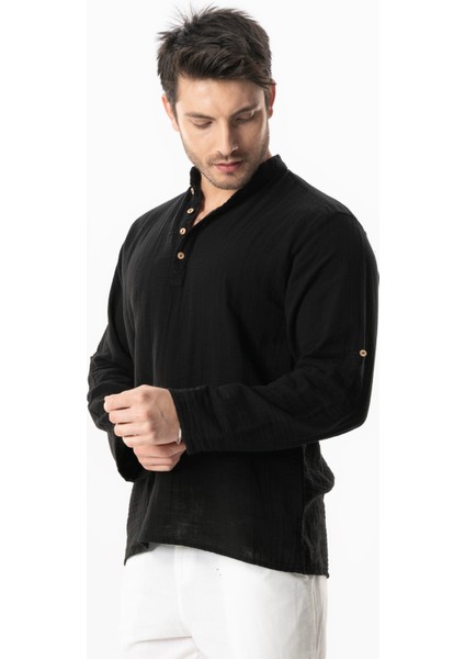 Uzun Kol Hakim Yaka Müslin Yazlık Sweatshirt Siyah Syh