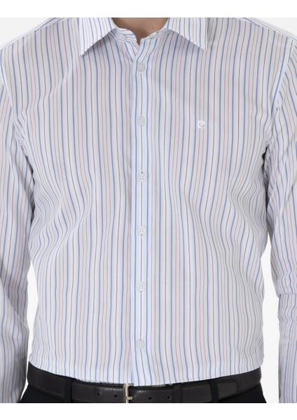 Erkek Mavi Çizgili Slim Fit Uzun Kollu Gömlek 50304538-VR036