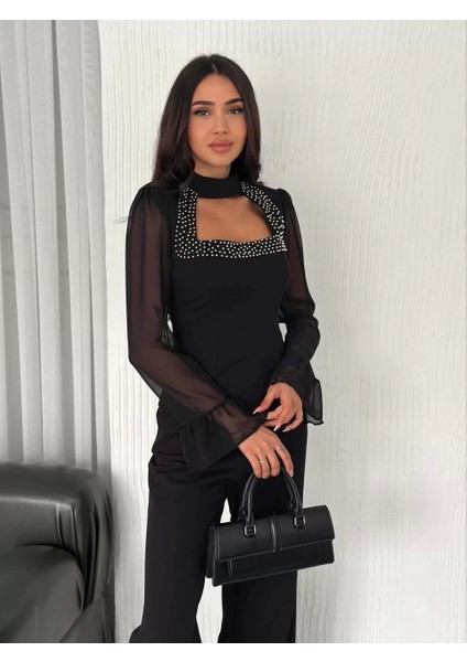 Kadın Kolları Şifon Göğüste Inci Boncuk Detaylı Bluz - Siyah