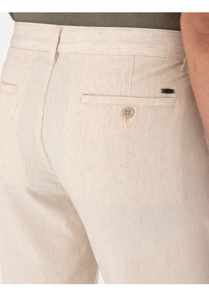 Erkek Bej Slim Fit Keten Karışımlı Çizgili Kanvas Pantolon 50301754-VR011